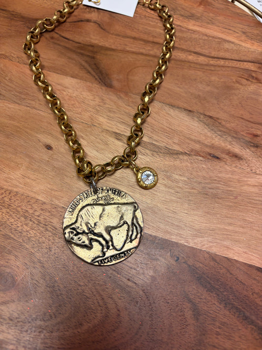 Buffalo coin and crystal pendant necklace by Lula 'n' Lee featuring a gold chain and sparkling crystal accents.