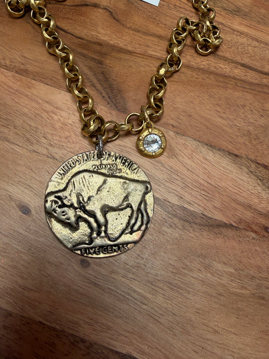 Buffalo coin and crystal necklace by Lula 'n' Lee featuring a pendant with a buffalo coin and sparkling crystals on a chain.