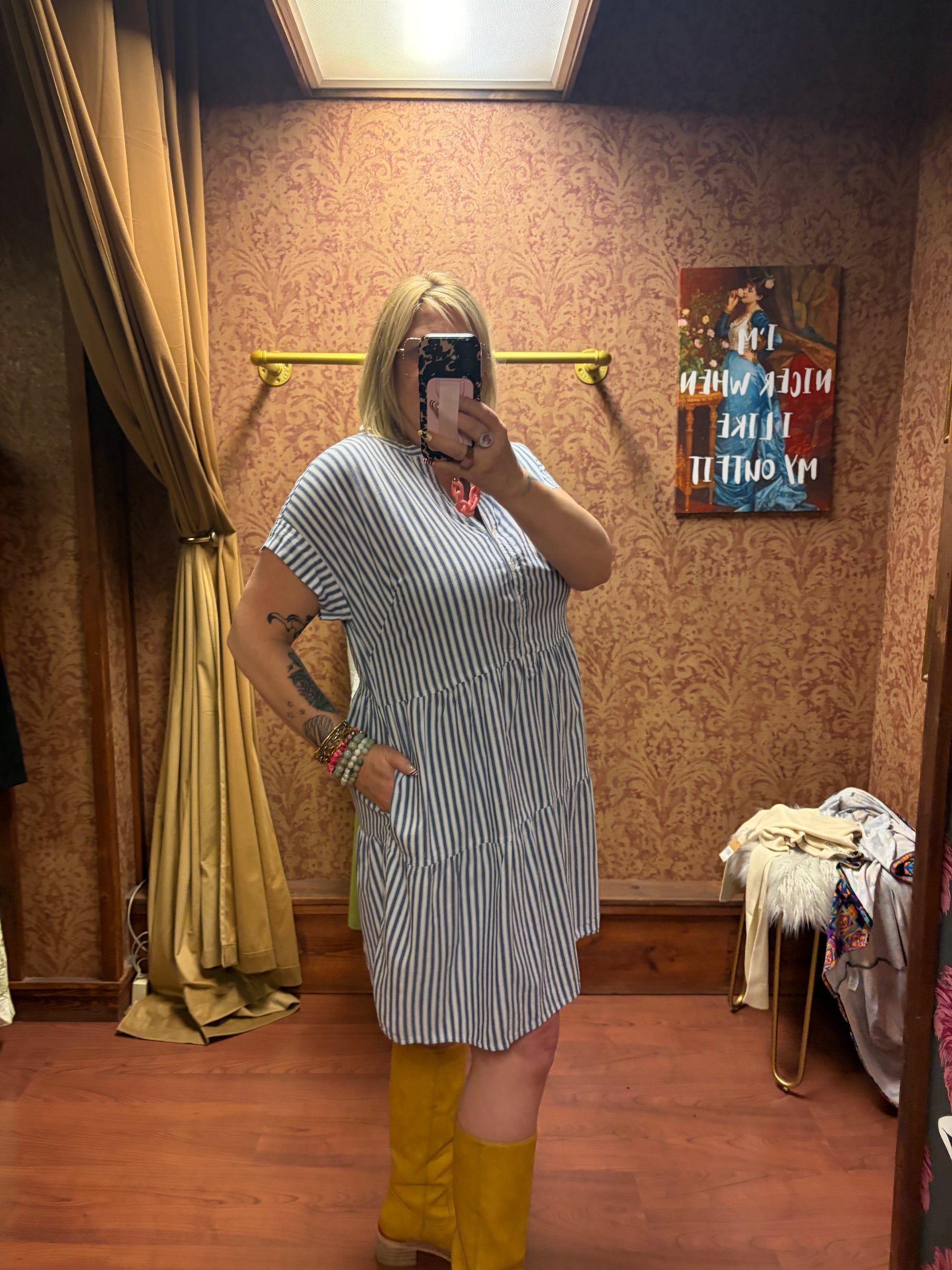 Camille & Co. striped ticking dress featuring a sleeveless design and casual style, perfect for summer or everyday wear.