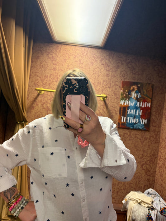 Camille & Co. Reach for the Stars blouse featuring a stylish, lightweight fabric with star-patterned design and a relaxed fit.