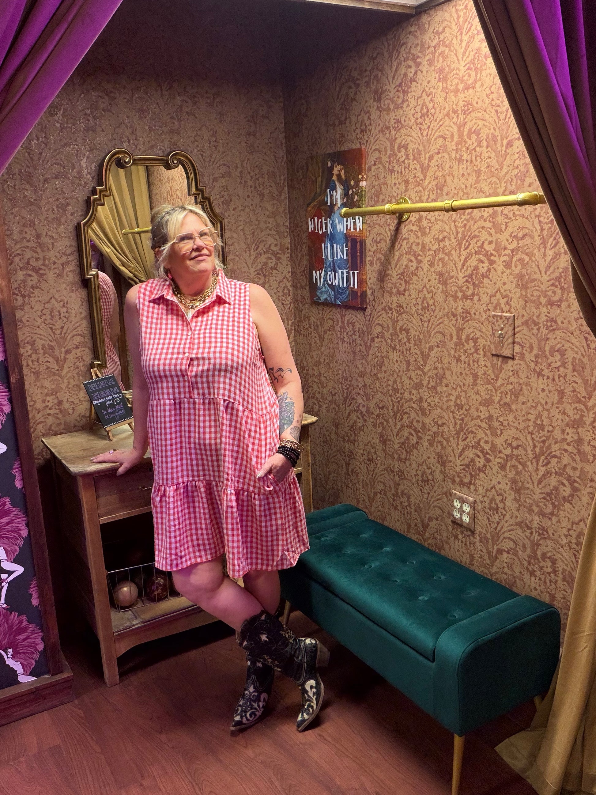 Red gingham picnic dress by Camille & Co. featuring a classic summer dress with a fitted bodice and flared skirt.