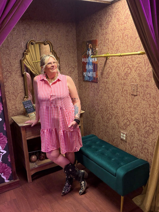 Red gingham picnic dress by Camille & Co., featuring a sleeveless design, flared skirt, and classic summer style.