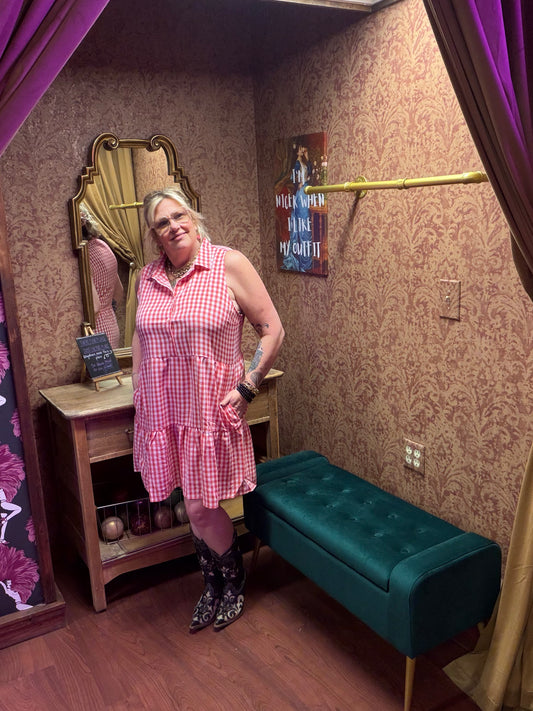 Red gingham picnic dress by Camille & Co., featuring a sleeveless design with a full skirt and classic summer style.