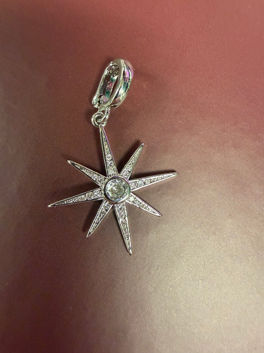 8 Point Star Charm from Princess & Buck charms collection, silver-toned metal with intricate star design, perfect for jewelry making
