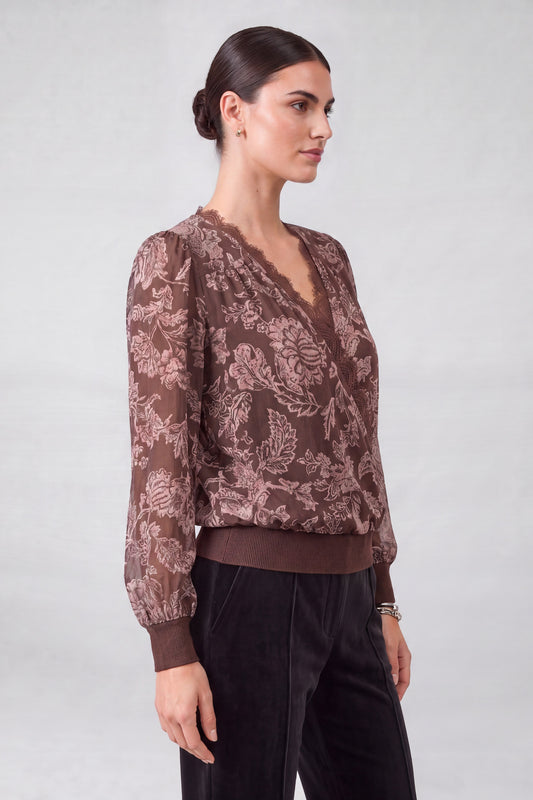 Brown and pink paisley top by Current Air, stylish casual women's blouse with intricate paisley pattern and lightweight fabric.