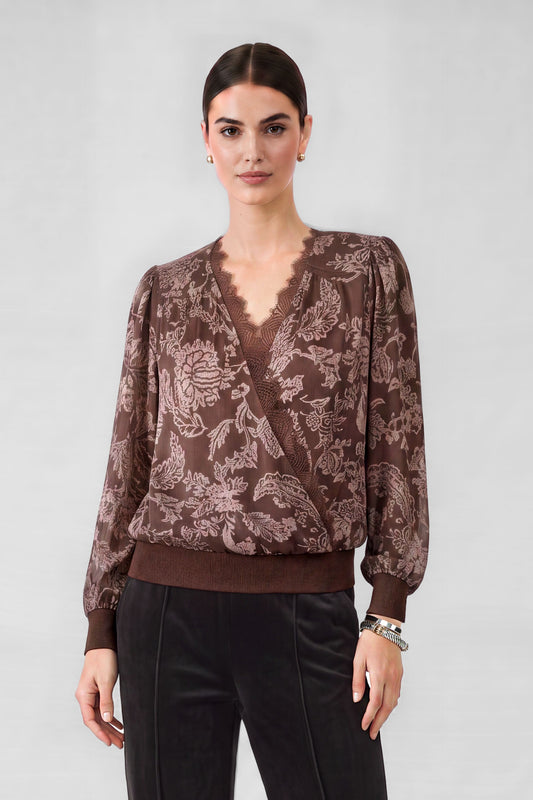 Brown and pink paisley top from Current Air, stylish women's blouse with decorative pattern and comfortable fit.