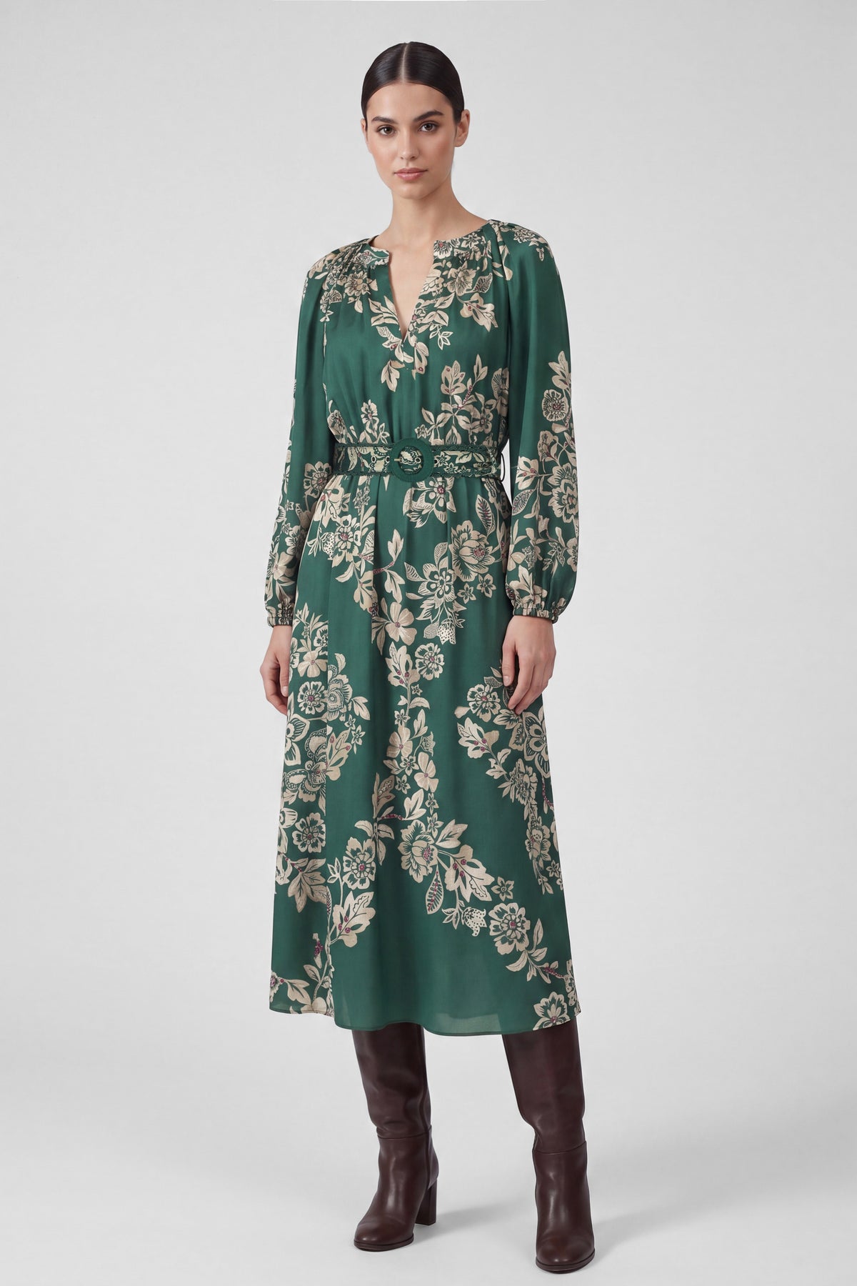 Hunter green maxi dress by Current Air, flowing fabric and elegant design, displayed on a hanger.