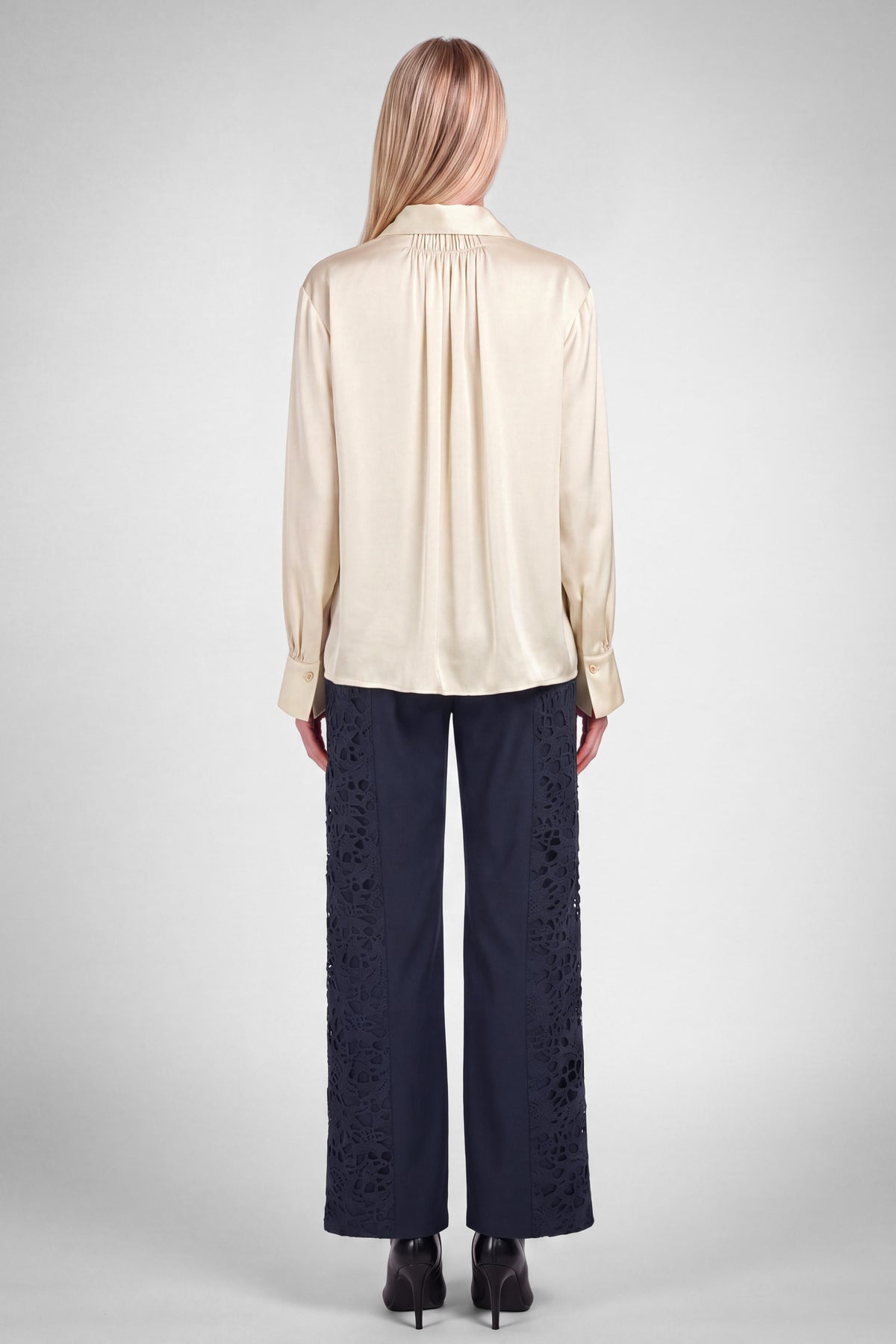 Ecru front tie silky blouse by Current Air, featuring a stylish design with a front tie and smooth, lightweight fabric.
