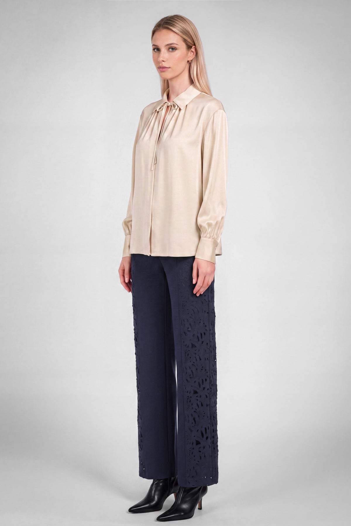 Ecru front tie silky blouse by Current Air, featuring a stylish front tie design and smooth silky fabric.