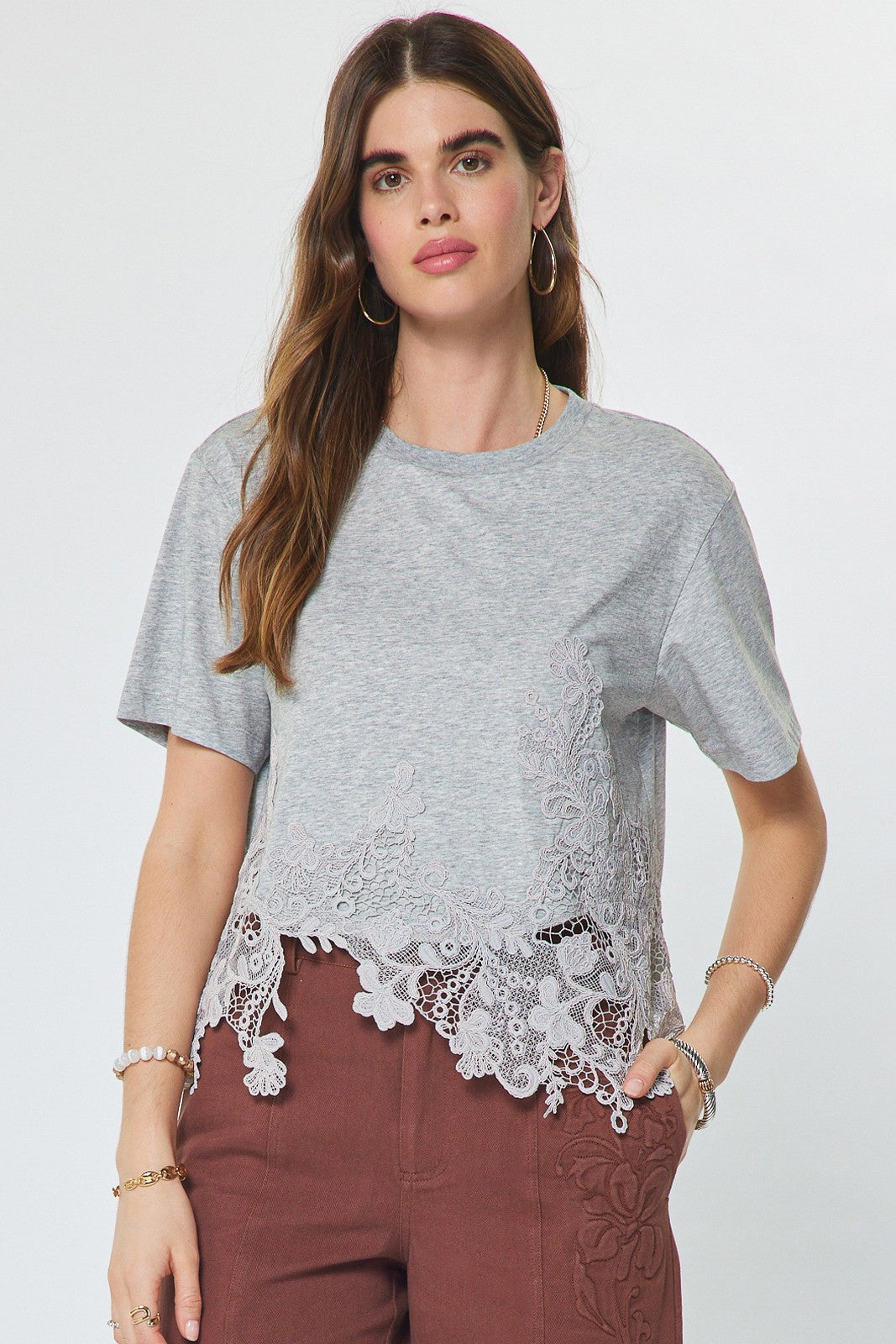 White lace tee top by Current Air, featuring intricate lace details and a relaxed fit, stylish for casual or dressy outfits.