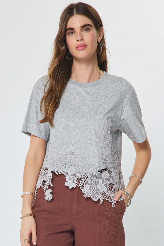 White lace tee top by Current Air, featuring intricate lace details and a relaxed fit, stylish for casual or dressy outfits.