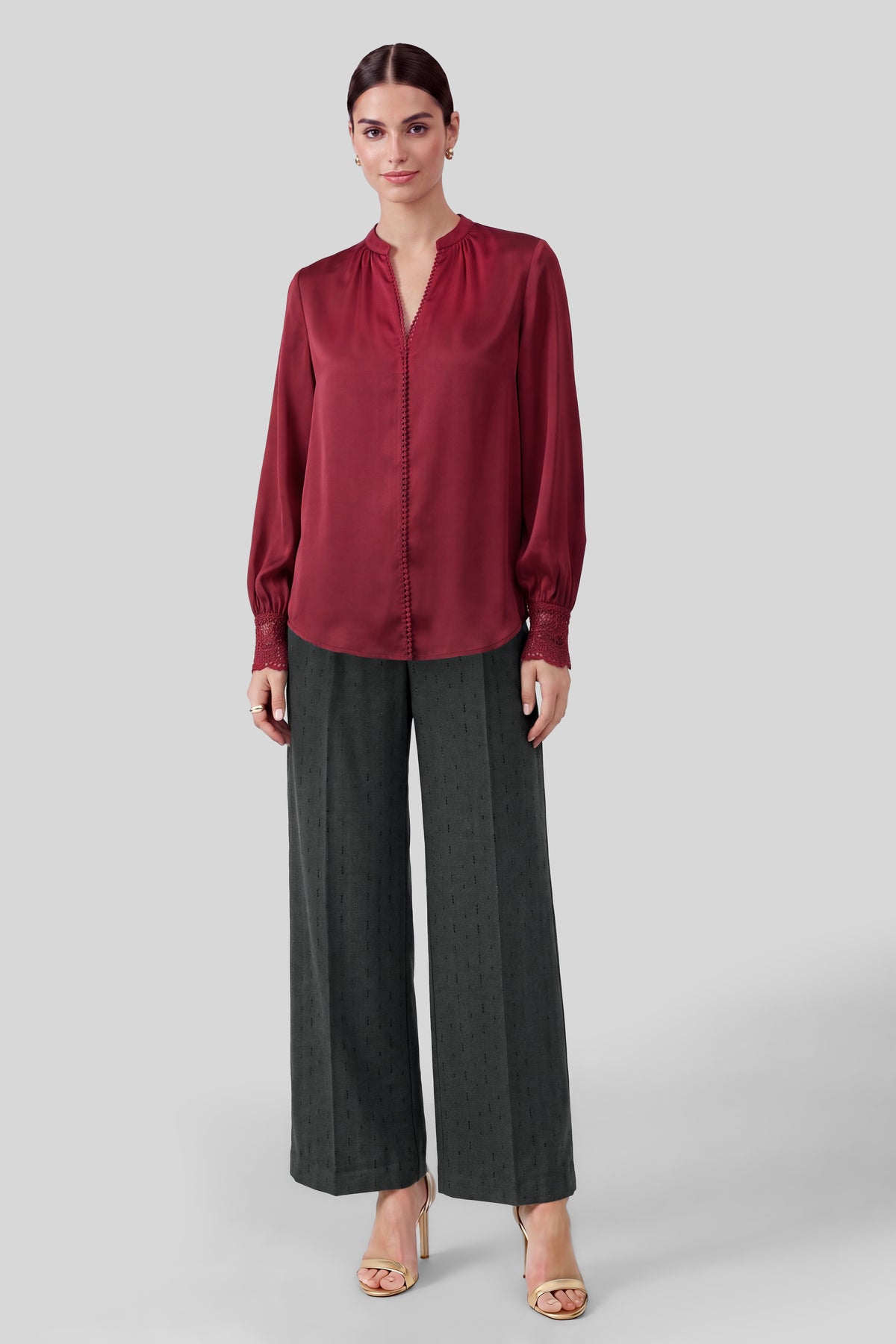 Lace cuff V-neck blouse by Current Air featuring delicate lace details on the cuffs and a relaxed fit.