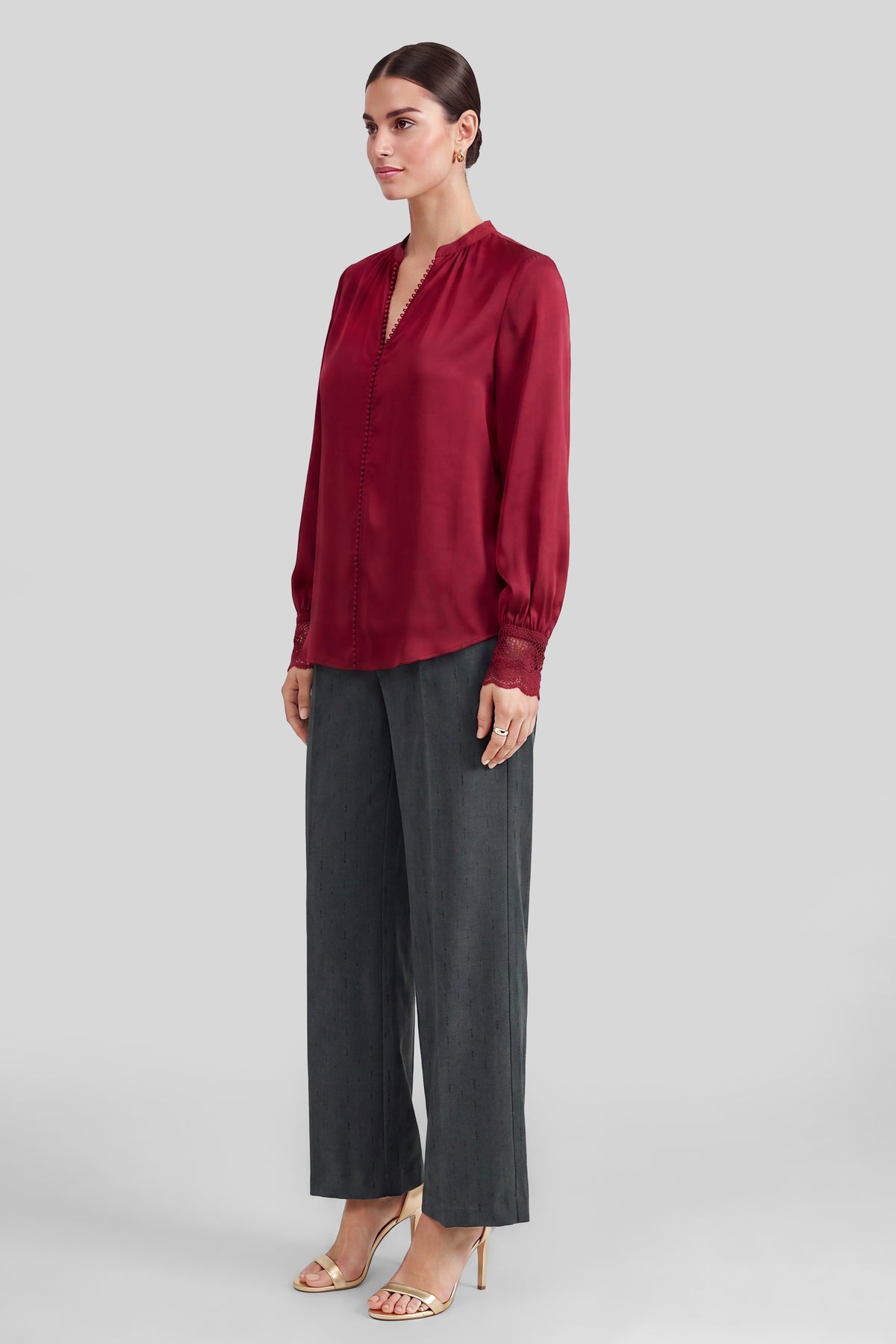 Current Air lace cuff V-neck blouse with delicate lace detailing and long sleeves, shown on a white background.