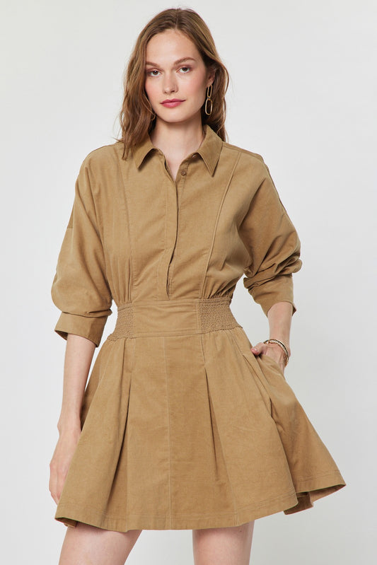 Camel shirt collar mini dress by Current Air, showing a stylish sleeveless dress with a shirt collar and fitted silhouette.