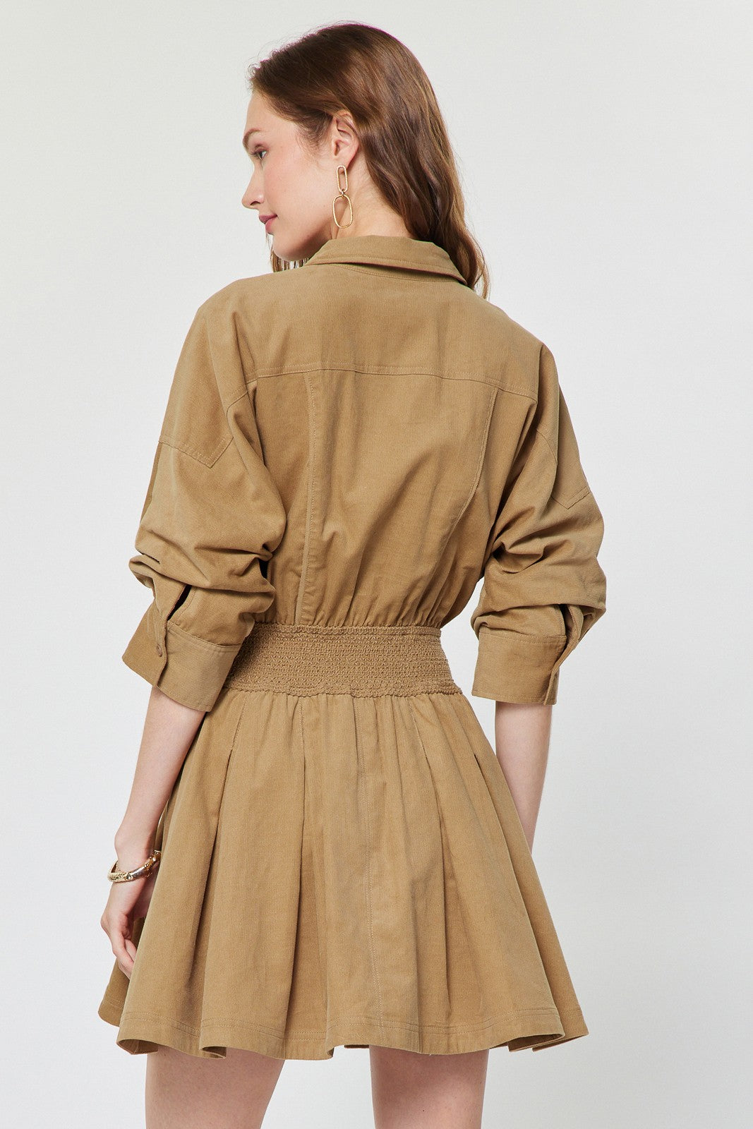 Camel shirt collar mini dress by Current Air, featuring a stylish collar and fitted silhouette, shown on a model.