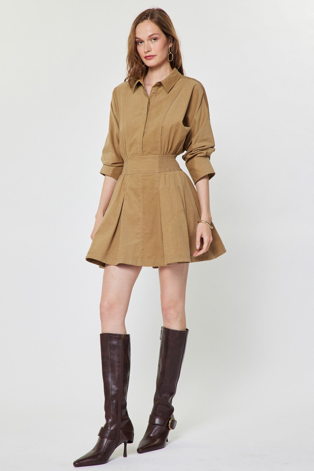 Camel shirt collar mini dress by Current Air, featuring long sleeves and a stylish, fitted silhouette.