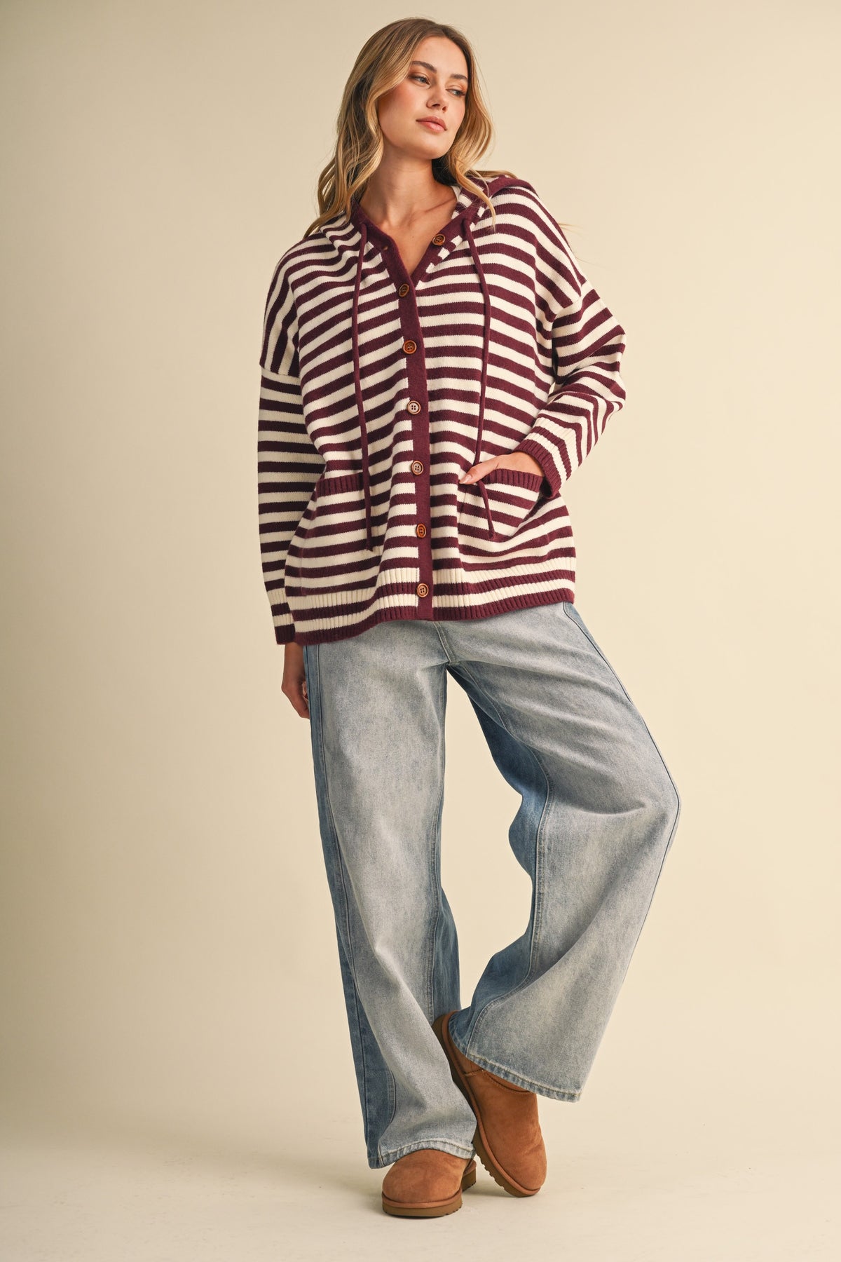 KLESIS striped knit hoodie sweater with a cozy fit and casual style, featuring horizontal color block stripes.