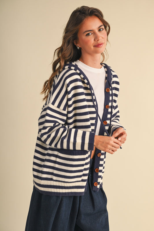 KLESIS knit hoodie with colorful stripe pattern, cozy sweater with hood, long sleeves, and ribbed cuffs and hem.