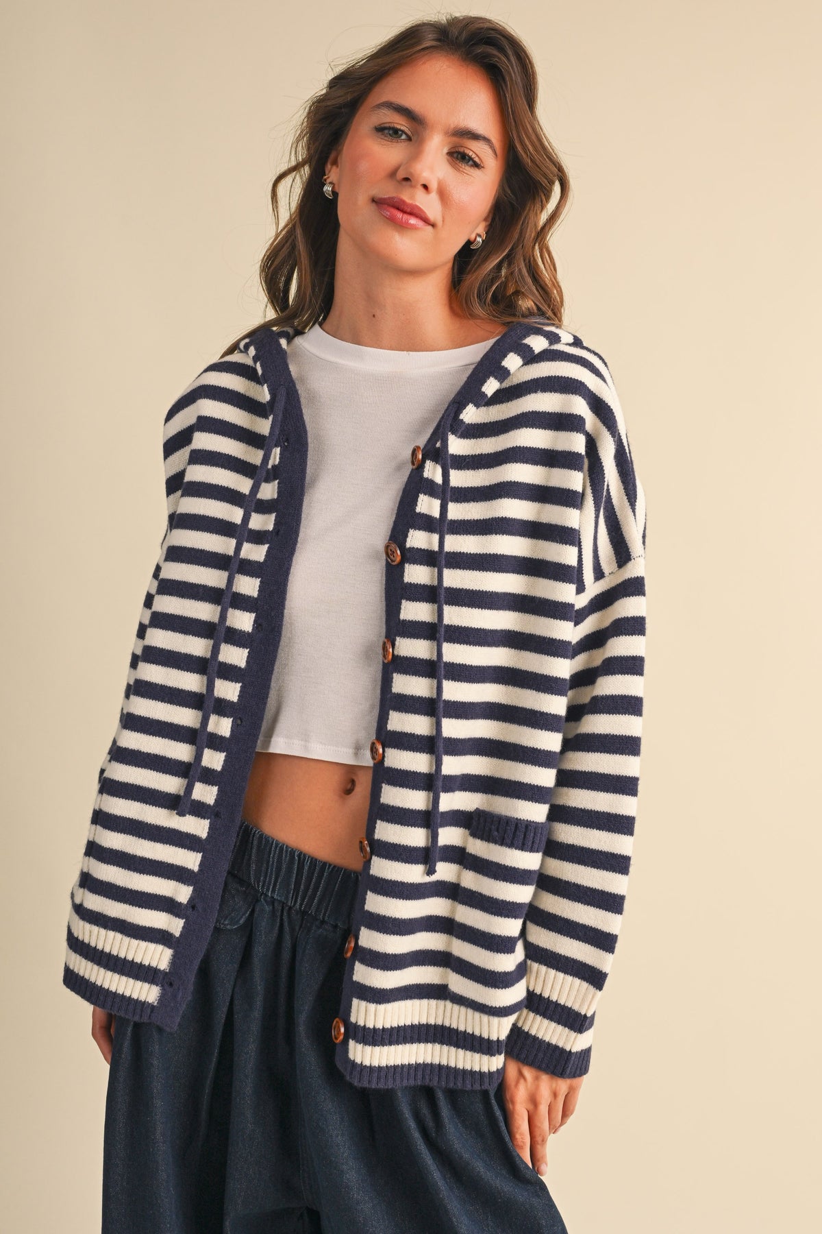 KLESIS knit hoodie with colorful stripe pattern, long sleeves, and cozy fit, perfect for casual wear.