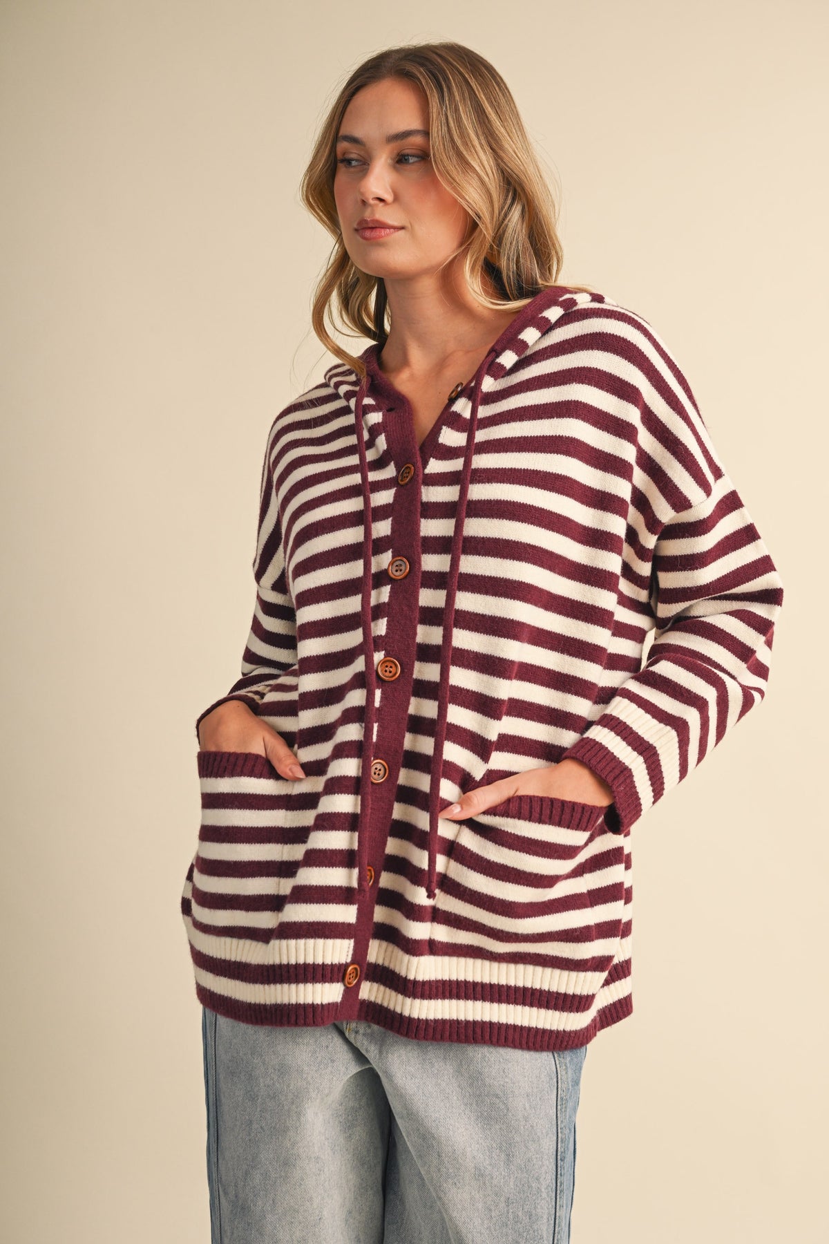KLESIS knit hoodie with colorful stripe pattern, long sleeves, and a cozy, casual fit for comfortable everyday wear