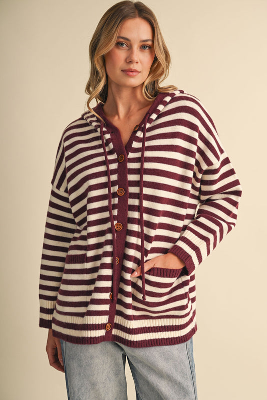 KLESIS knit hoodie with colorful stripes, soft fabric, and a relaxed fit, perfect for casual wear and comfortable styling.