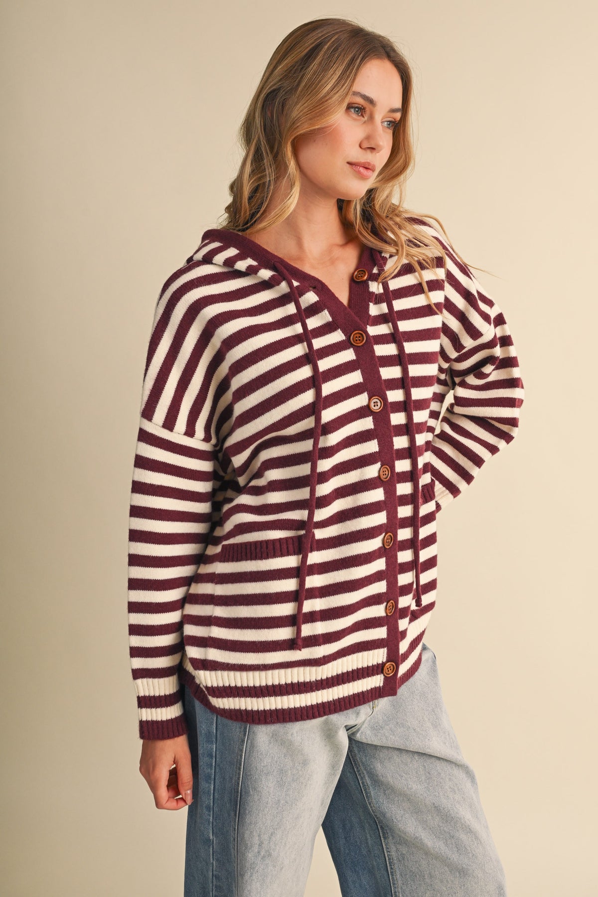 KLESIS knit hoodie with colorful stripes, casual sweater featuring a comfortable hood and long sleeves.