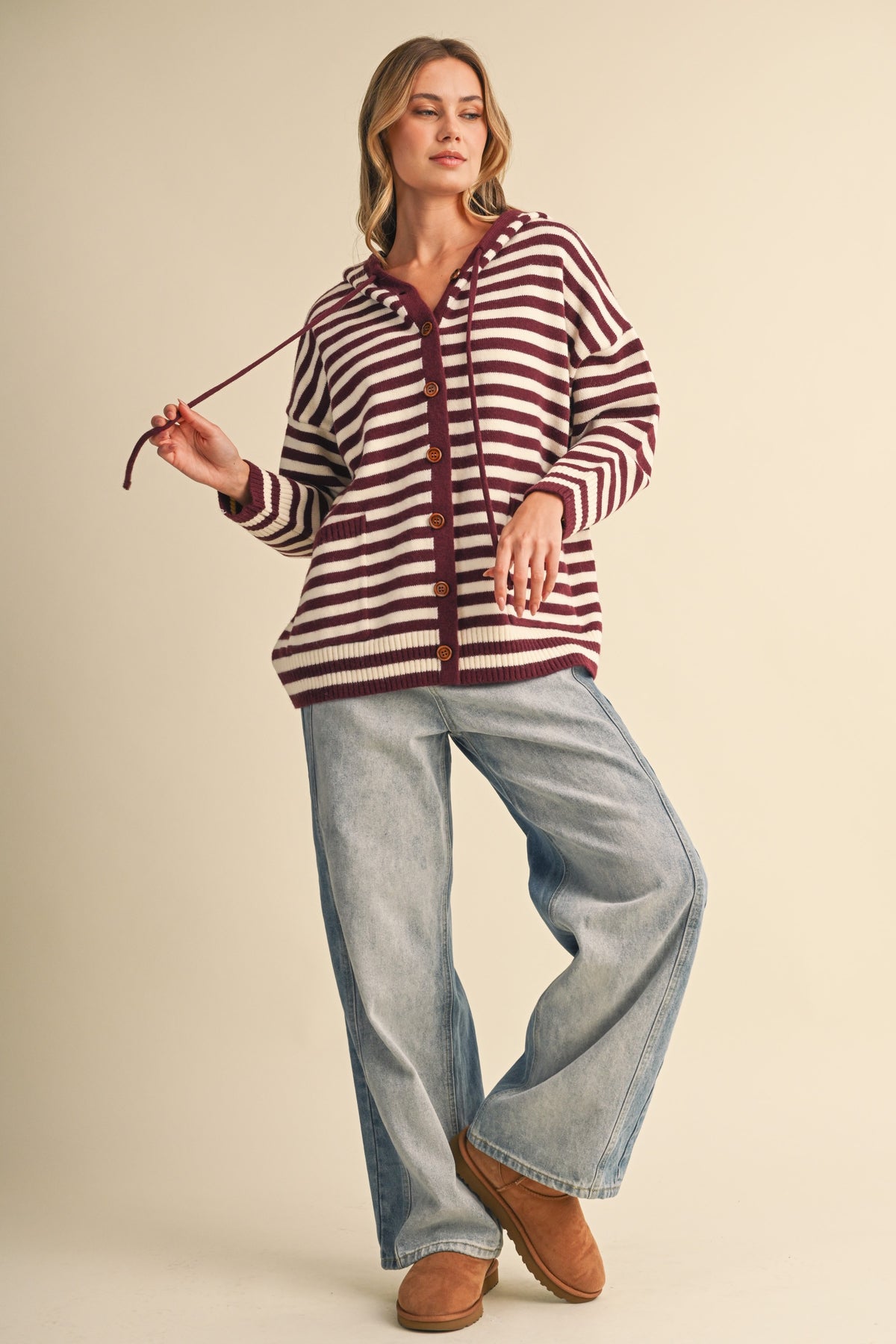 KLESIS knit hoodie with colorful stripe pattern, casual sweater featuring a front hood and long sleeves.