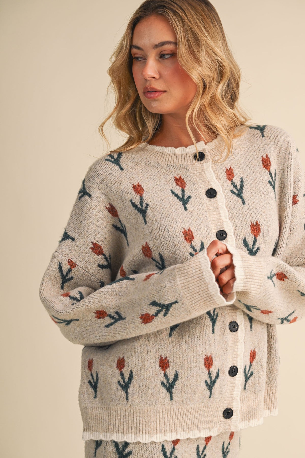 KLESIS flower patterned cardigan sweater with vibrant floral design, long sleeves, and cozy knit fabric.