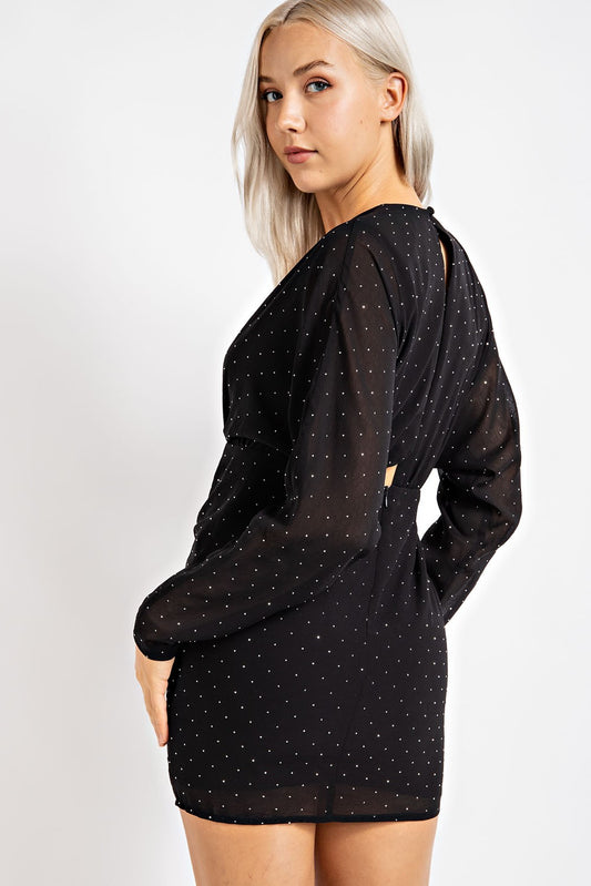 Deep plunge sparkle mini dress by EDIT BY NINE featuring a fitted silhouette and shimmering fabric, perfect for evening wear.