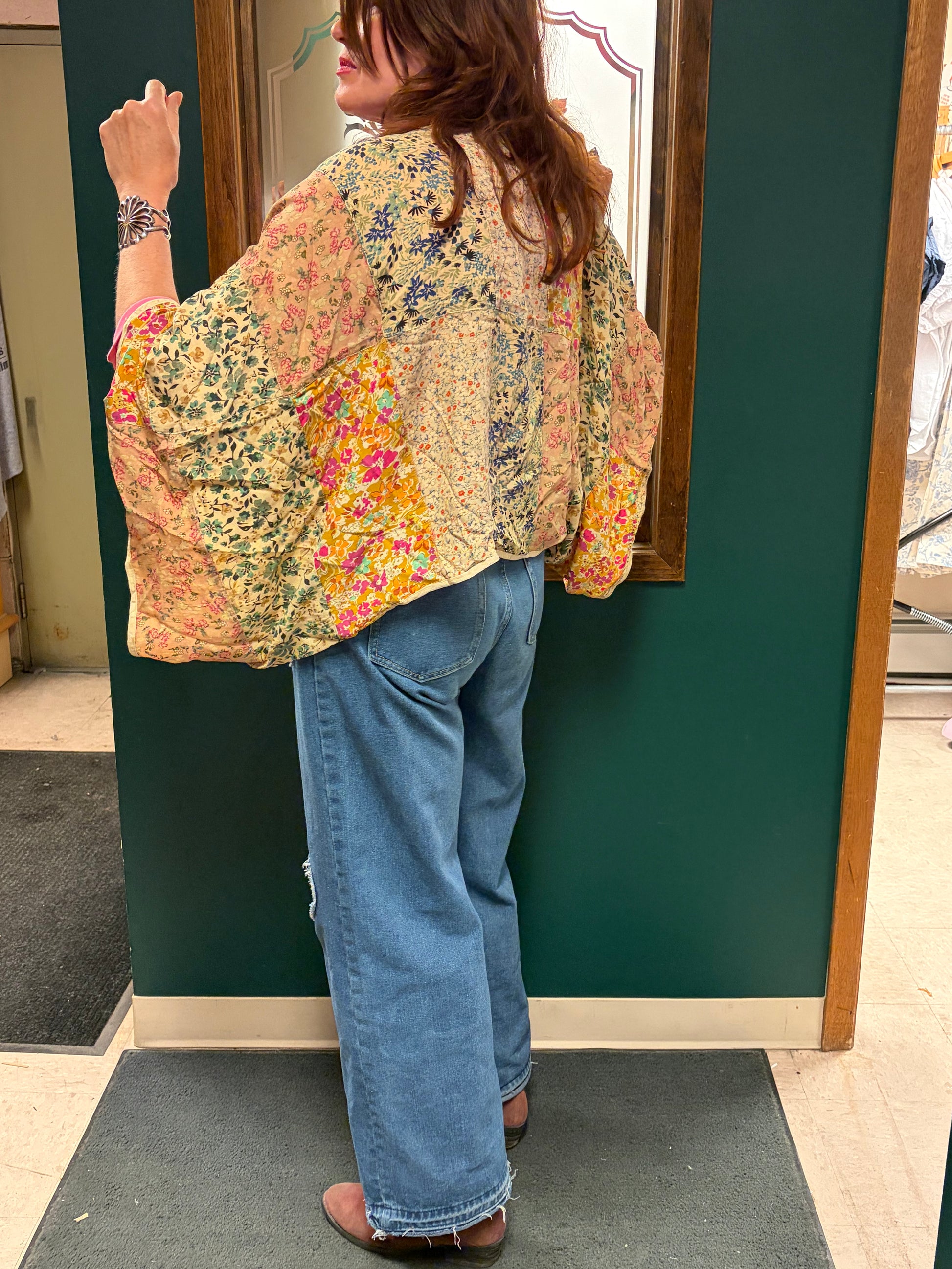 Camille & Co. cropped garden kimono top with floral pattern, lightweight fabric, and relaxed fit, perfect for casual wear.