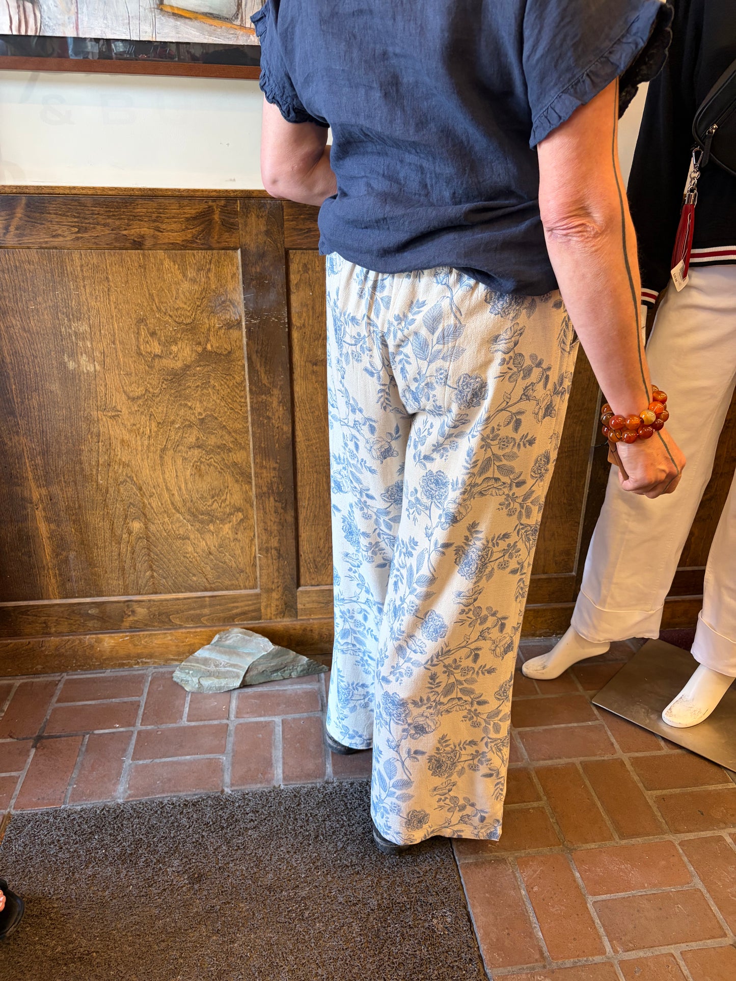 Blue Toile Flowers pants by Camille & Co. featuring floral print, casual bottoms with a relaxed fit and stylish design.