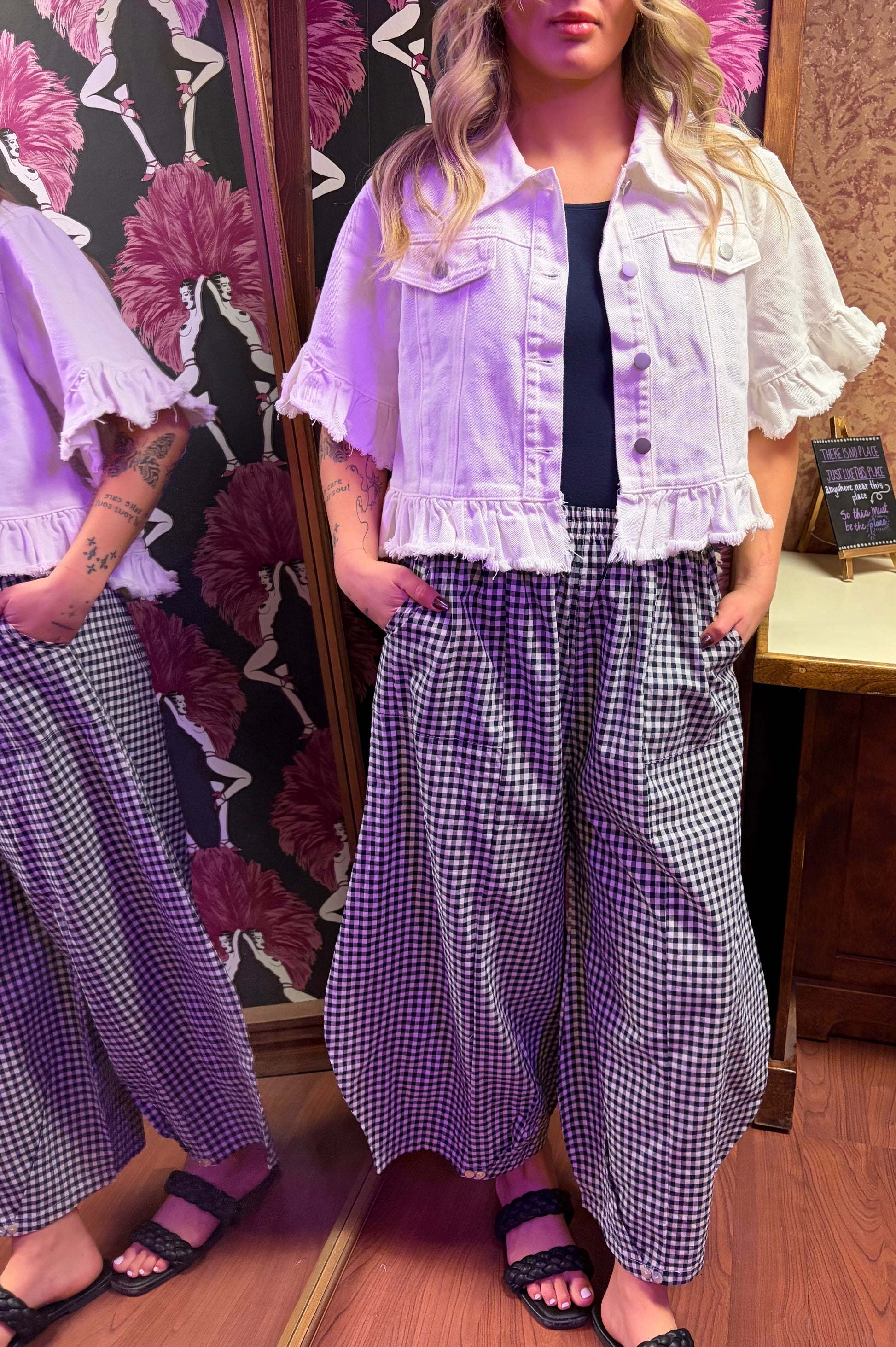 Camille & Co. Gingham Barrel Pant in black and white check pattern, featuring a relaxed fit and high waist style.
