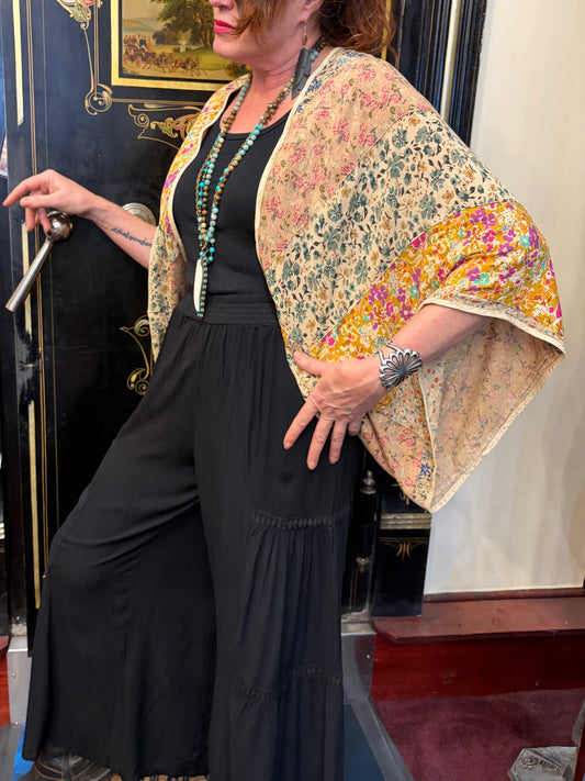 Camille & Co. cropped garden kimono top with floral pattern, lightweight fabric, and open front design.