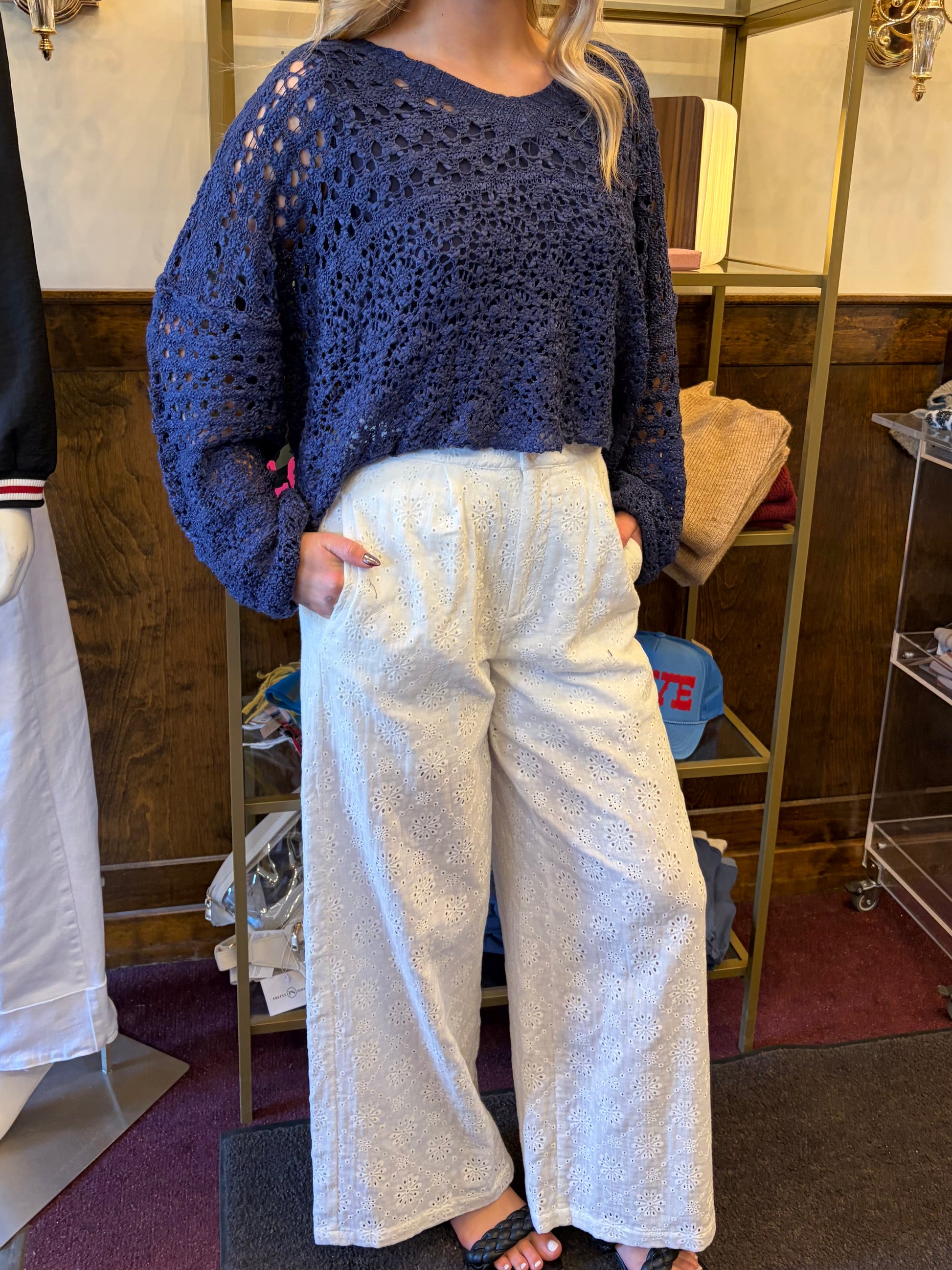 Simply Southern eyelet lace pants, stylish bottoms with intricate lace details and a comfortable fit, perfect for casual wear.
