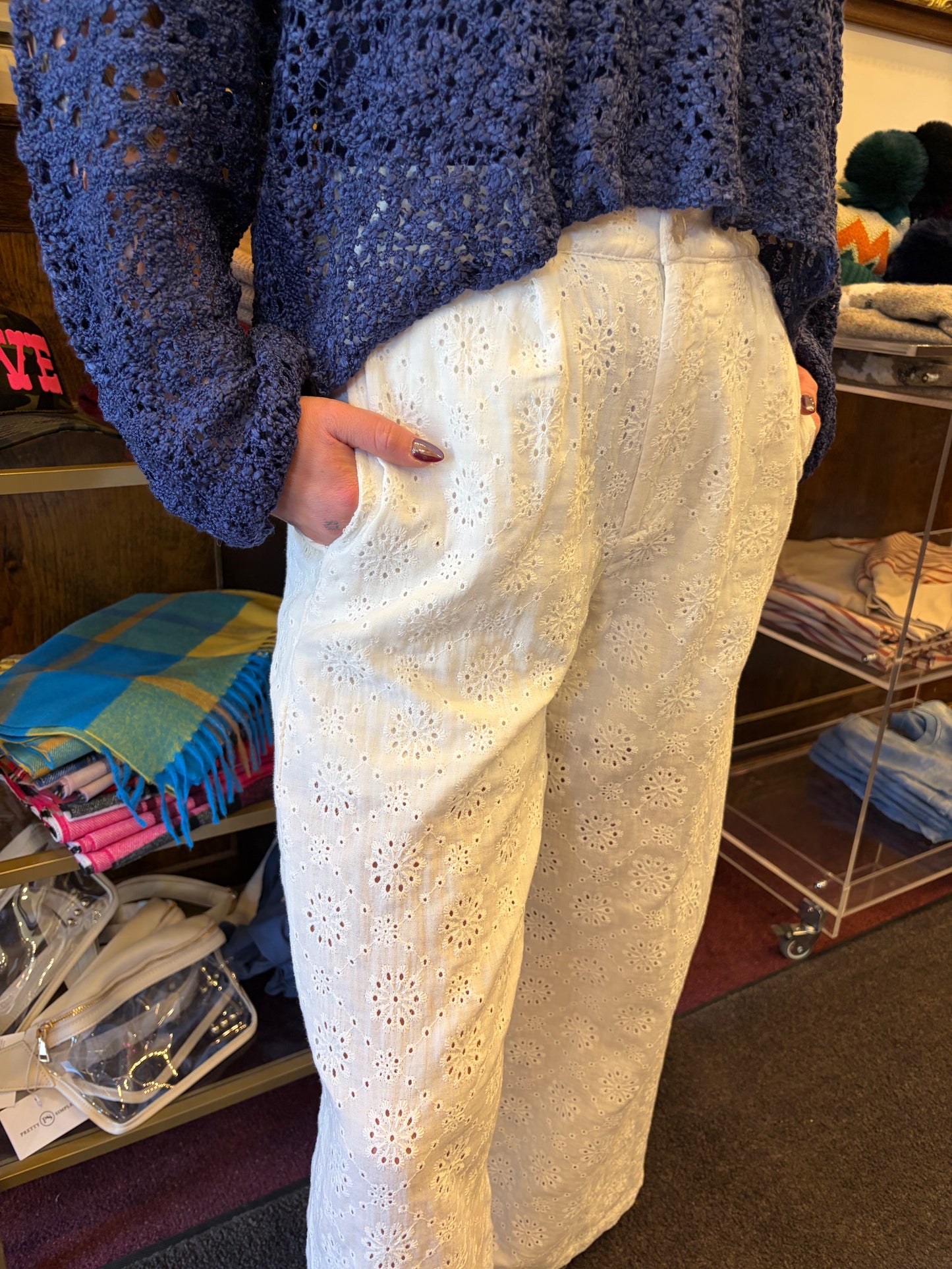 Simply Southern eyelet lace pants, stylish bottoms with intricate lace details, perfect for casual or semi-formal wear.