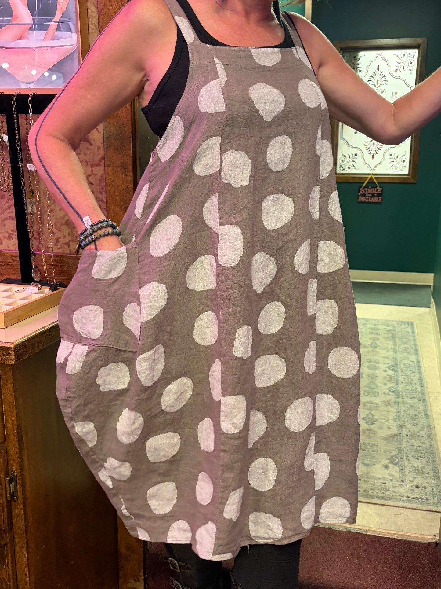 Princess & Buck Dotty Linen Dress shown on a model, featuring a lightweight, patterned linen fabric with a relaxed fit.