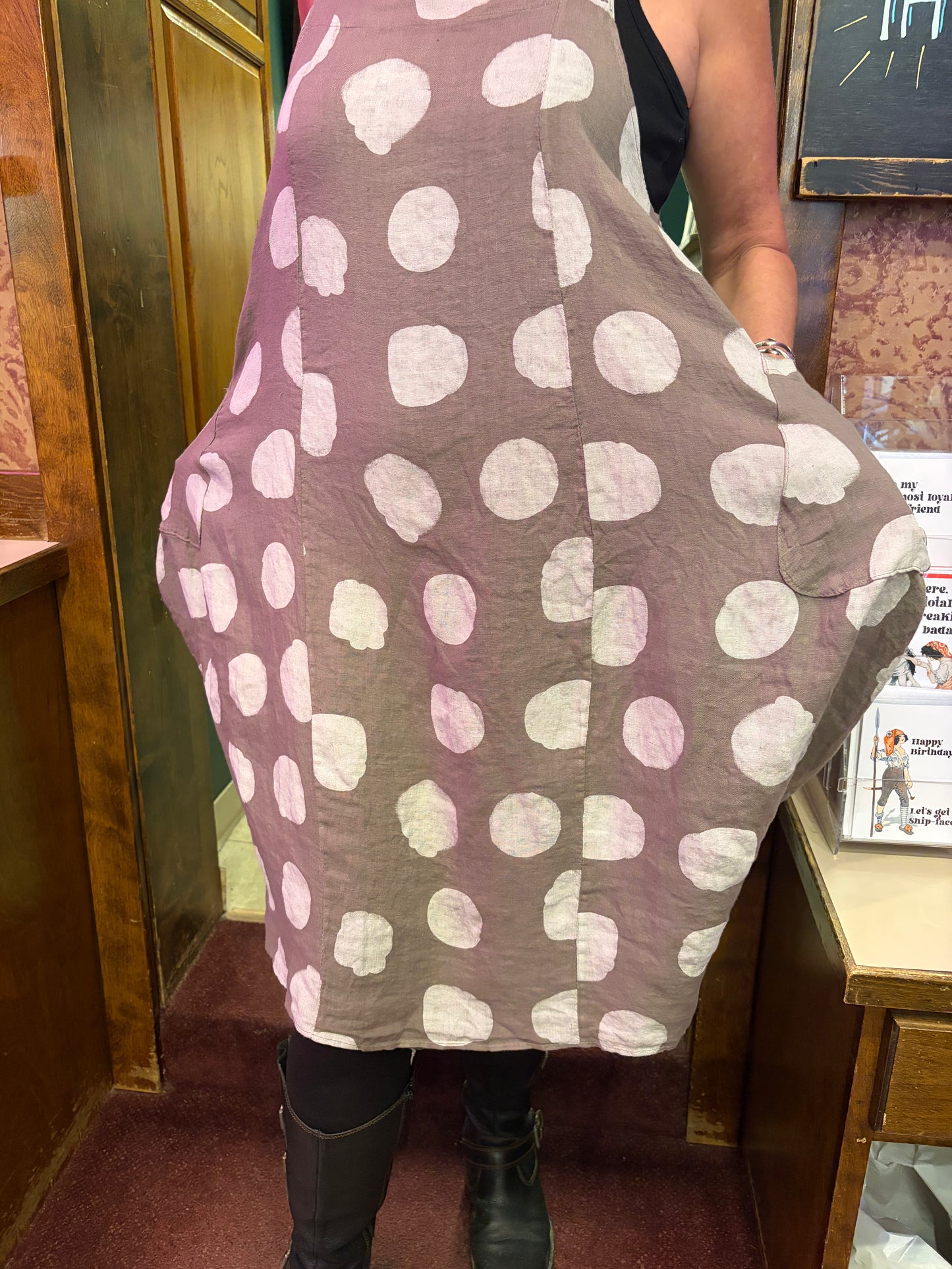Princess & Buck Dotty Linen Dress featuring a stylish dotted pattern and lightweight fabric suitable for warm weather.