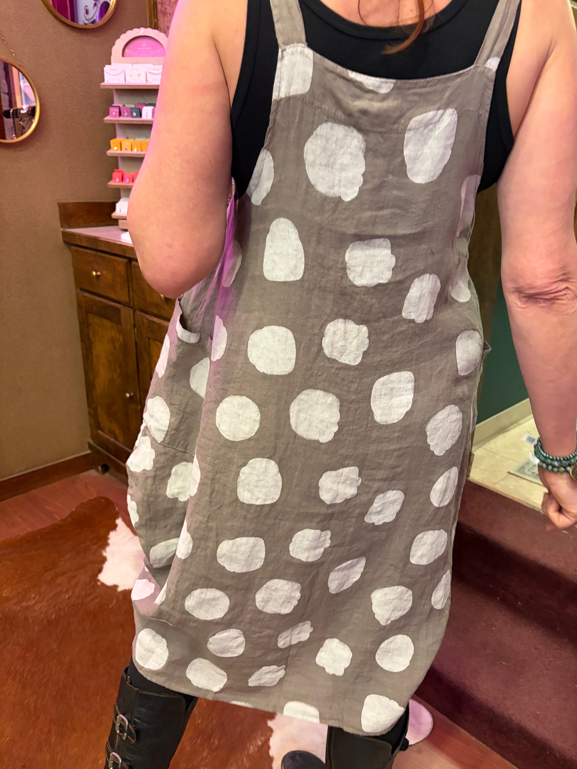 Princess & Buck Dotty Linen Dress in light fabric with a playful dotted pattern, perfect for casual summer wear.