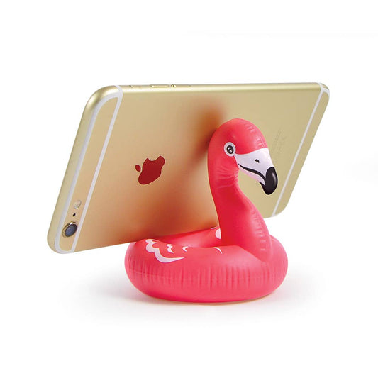 Fred & Friends Float on flamingo phone stand with a vibrant pink flamingo figure holding a phone in its beak.