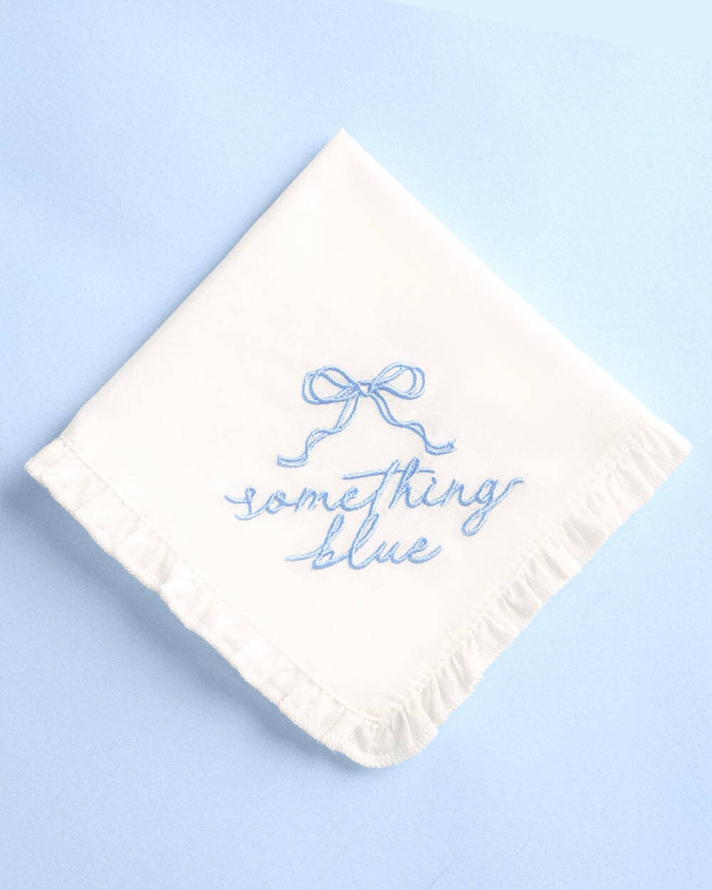 Embroidered blue handkerchief bandana by xo, Fetti, featuring elegant stitching, ideal as a bride wedding gift or keepsake.