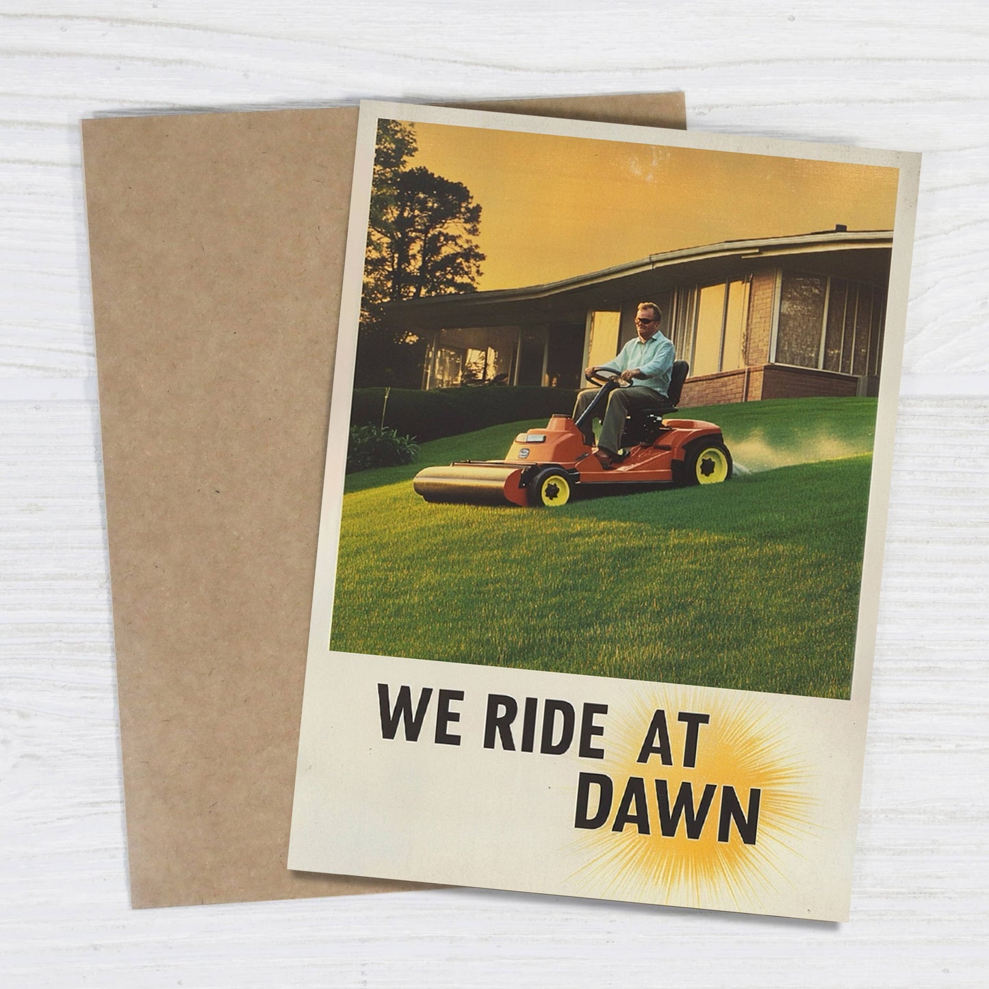Bad Betty Greeting Co. We Ride At Dawn greeting card featuring bold, artistic typography on a colorful background.