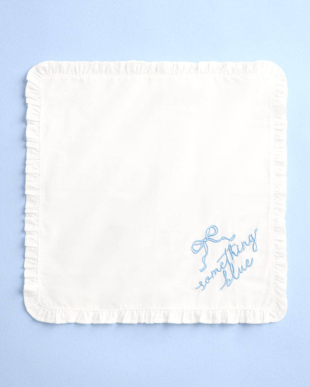 Embroidered blue handkerchief bandana with "Something Blue" design, ideal as a bride wedding gift from xo, Fetti.