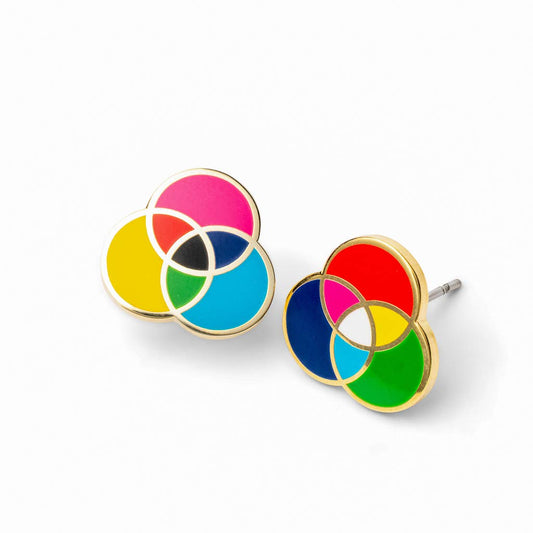 Colorful RGB and CMYK earrings by Yellow Owl Workshop featuring vibrant, geometric designs on silver hooks.