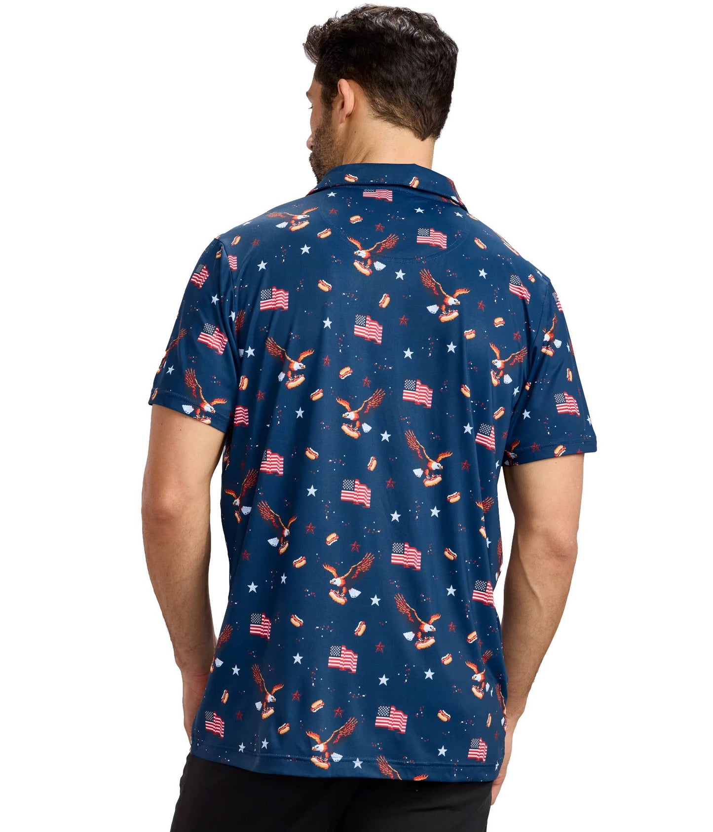 Men's 8-Bit Eagle Golf Polo by Tipsy Elves featuring patriotic American flag design on a casual golf shirt