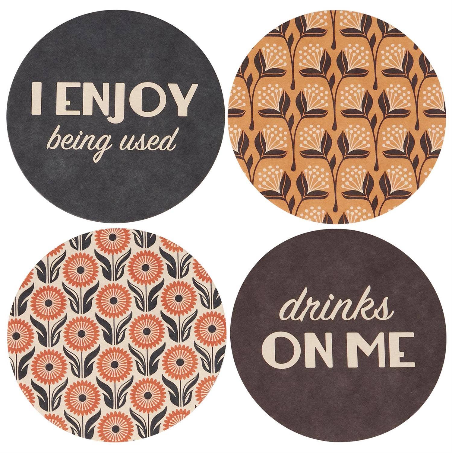 Questionables Drinks On Me coaster set with four stylish barware coasters featuring playful drink-related designs.