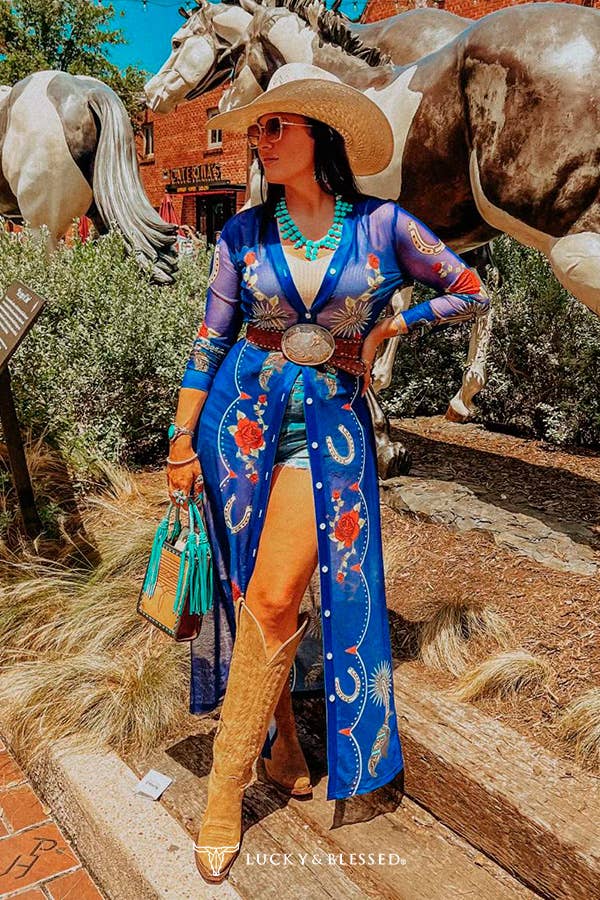 Denim Blue Floral Spur Mesh Button Down Maxi Duster