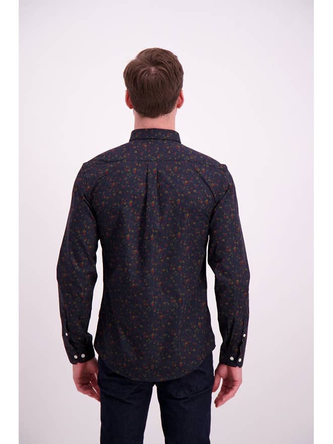 Men's Lindbergh long-sleeve dress shirt with a ditsy floral print, featuring a classic collar and button-front design.