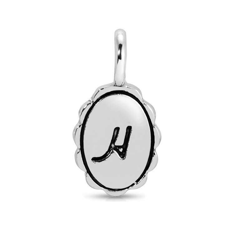Lucky Feather silver scalloped initial charm featuring the letter H, designed as a delicate charm for jewelry.