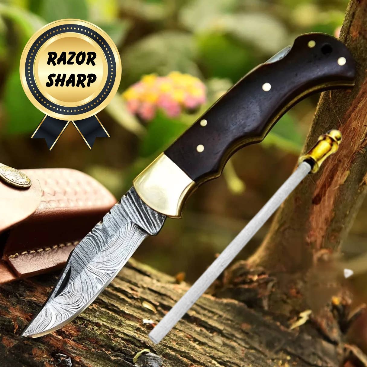 Handmade Damascus folding knife with intricate patterned blade and ergonomic handle, crafted by Liconte LLC.