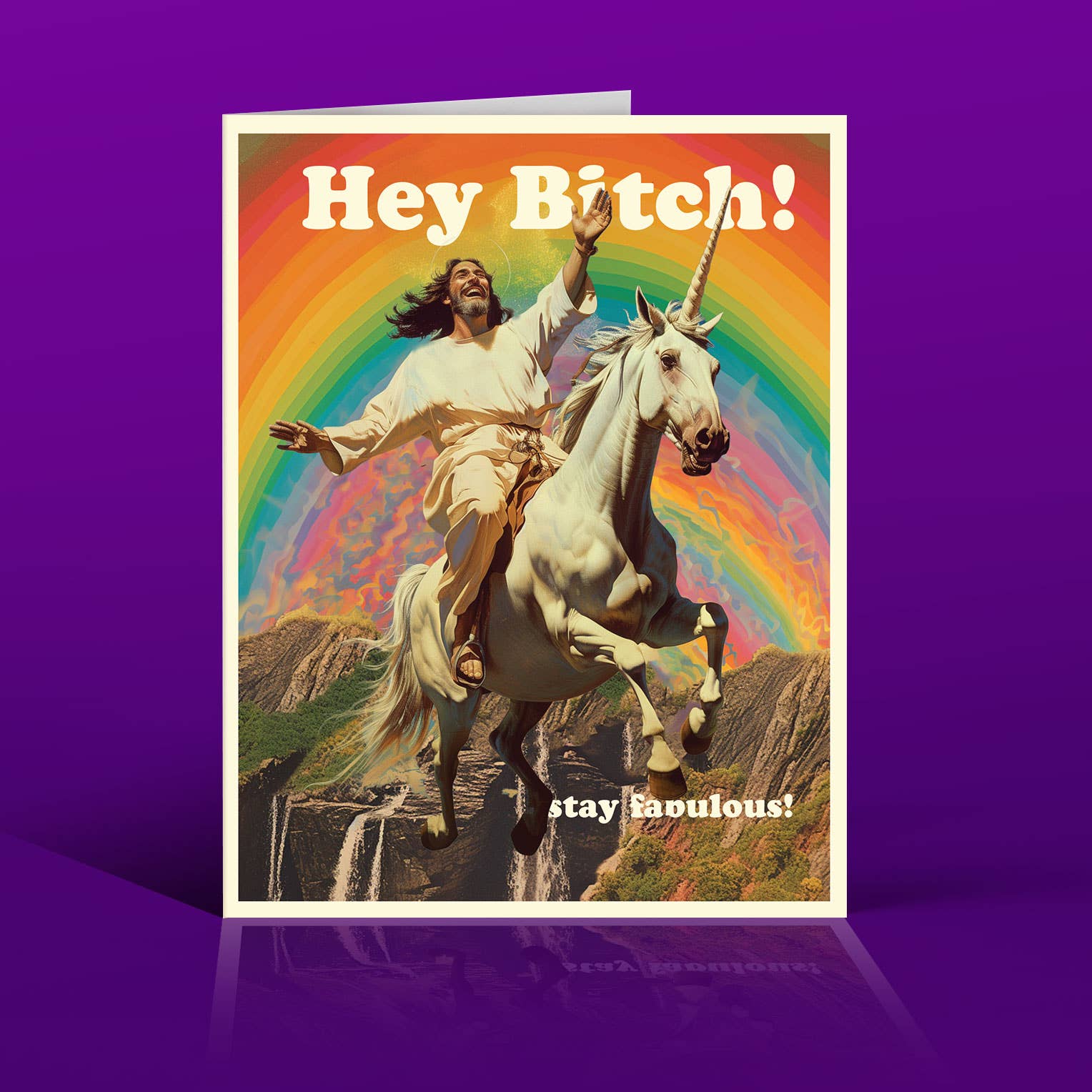 Offensive Delightful Jesus Bitch birthday card with bold, humorous design featuring playful lettering on a colorful background.